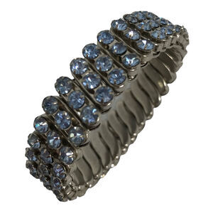 Vintage Blue Rhinestone Stretch Bracelet 3 Rows 1/2" Width British Hong Kong